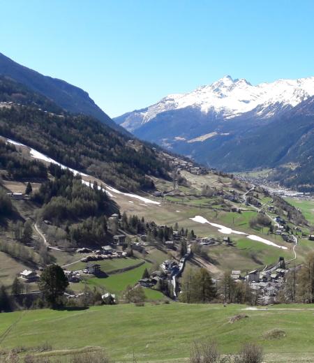 Paesaggio montano con neve, villaggio e campi verdi.