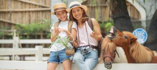 Due persone sorridenti con un cavallo in un ambiente rurale.