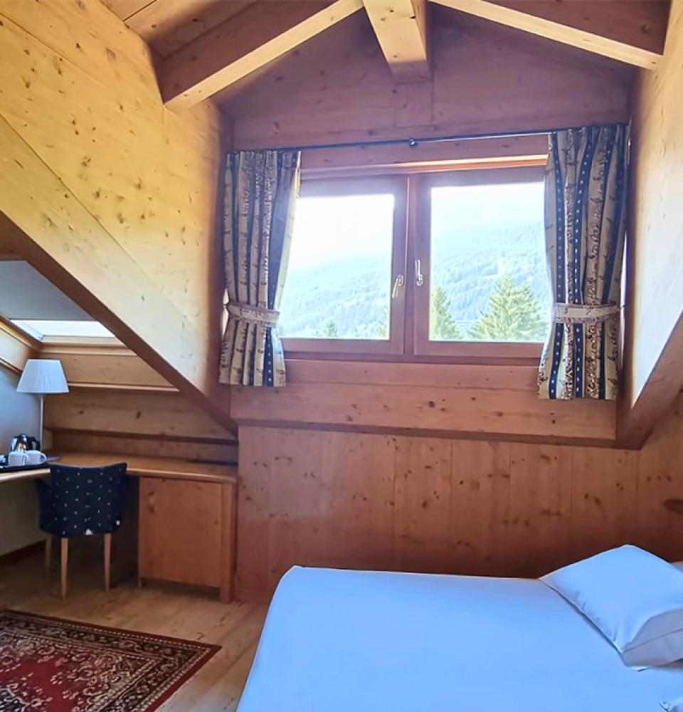 Chambre avec plafond en bois, TV et fenêtre panoramique.